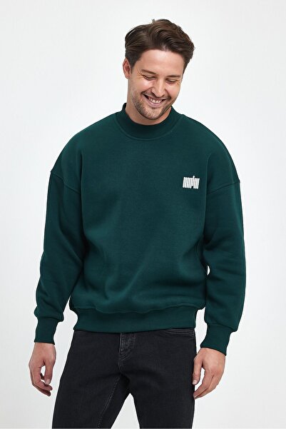 COMBİNE MİCHAİL Тъмнозелен мъжки суитшърт Oversize - с бродерия и поло яка