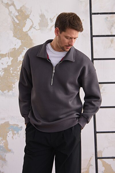 COMBİNE MİCHAİL Erkek Yarım Fermuar Regular Fit Sweatshirt FÜME