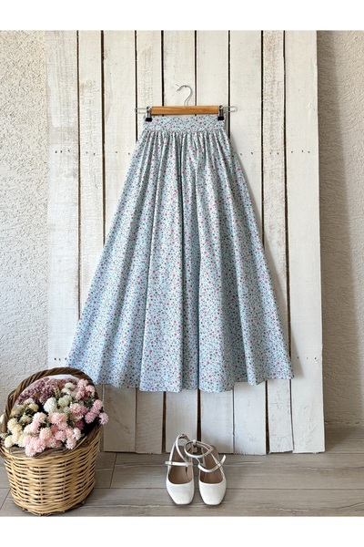 KÜÇÜĞÜM BUTİK Popelínová rozšířená sukně - tyrkysový a růžový květinový vzor