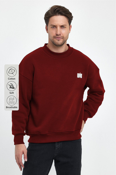 COMBİNE MİCHAİL Erkek Boğazlı Nakışlı Oversize Sweatshirt  BORDO