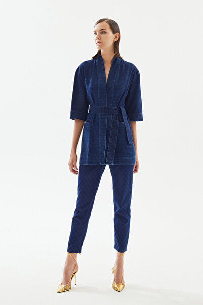2be4a Kadın Damalı Denim Kimono
