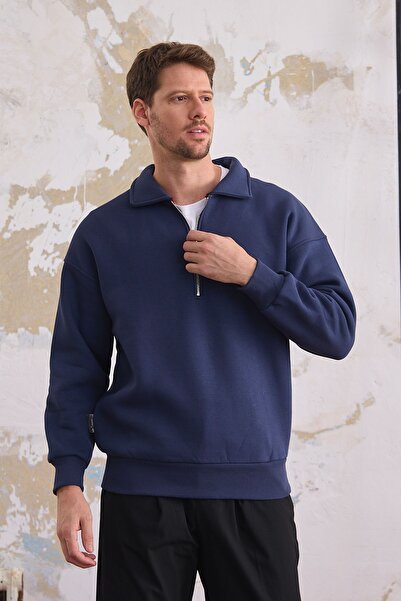 COMBİNE MİCHAİL Erkek Yarım Fermuar Regular Fit Sweatshirt LACİVERT