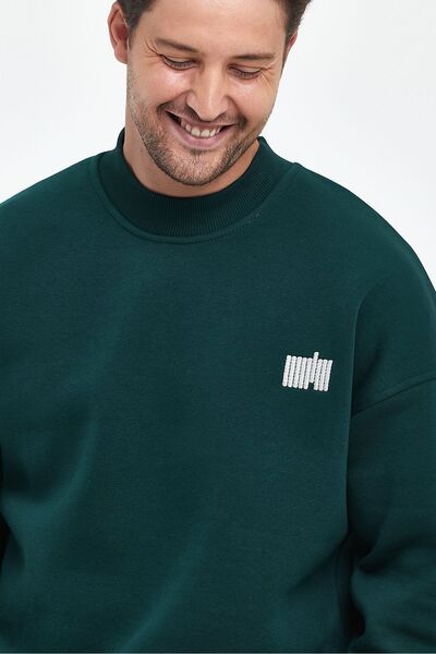COMBİNE MİCHAİL Men's Throat Embroidered Oversize Sweatshirt Petrol