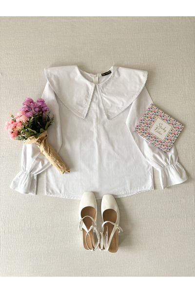 KÜÇÜĞÜM BUTİK White Big Collar Lace Poplin Blouse