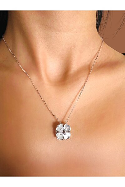 FARUK MÜCEVHERAT 925 Ayar Gümüş Sedefli Kalp Yonca Beyaz Zirkon Taşlı Gümüş K...