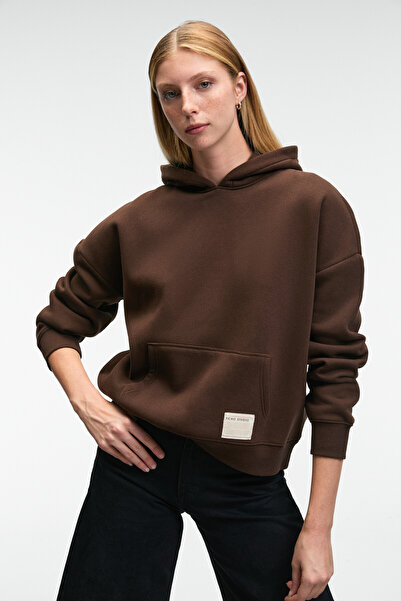 GRIMELANGE CLARIE Γυναικείο φούτερ από οργανικό βαμβάκι Oversize με κουκούλα καφέ με τσέπες καγκουρό