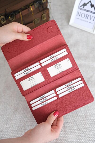 Norvi Leather Saraciye Stitched Genuine Leather Wallet with Phone Compartment Red 1052