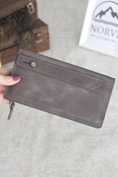 Norvi Leather Genuine Leather Zippered Wallet with Phone Compartment Gray 1163