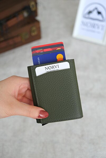 Norvi Leather Mechanism Automatic Genuine Leather Card Holder Khaki Green 1041