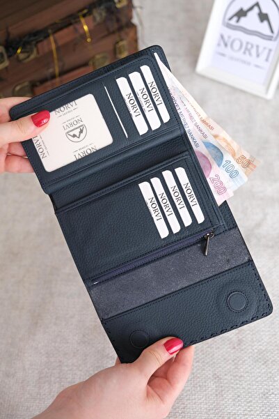 Norvi Leather Saraciye Dikişli Çok Bölmeli Hakiki Deri Cüzdan Kadın Koyu Mavi 1065