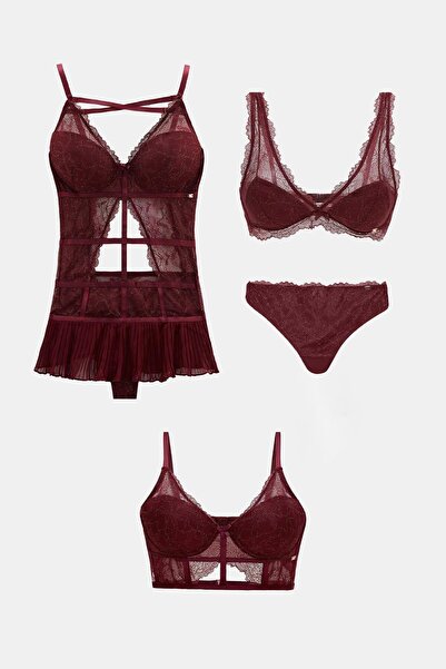 Amarelle Roma Bordo Dantelli Sütyen, Babydoll, Külot 4 Parça Çeyiz Seti