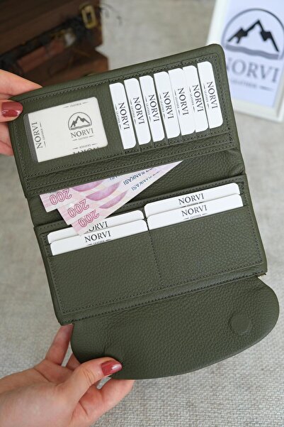 Norvi Leather محفظة نسائية من الجلد الطبيعي مع حجرة للهاتف باللون الأخضر 1055