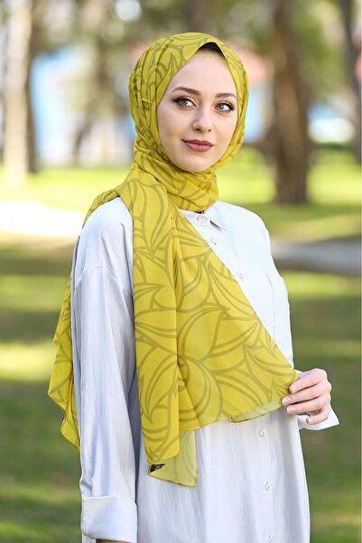 Stella Leaf Patterned Chiffon Shawl Model Mustard Color