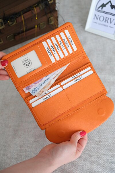 Norvi Leather محفظة نسائية من الجلد الطبيعي مع حجرة للهاتف برتقالية 1055