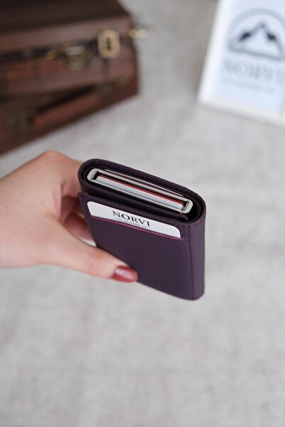 Norvi Leather Mechanism Automatic Genuine Leather Card Holder Purple 1041
