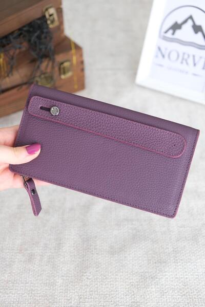 Norvi Leather محفظة بسحاب من الجلد الطبيعي مع حجرة للهاتف لون أرجواني 1163