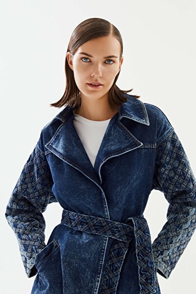 2be4a Kadın Şerit Desenli Kemerli Denim Ceket