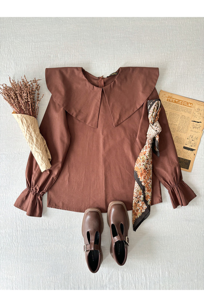 KÜÇÜĞÜM BUTİK Καφέ μπλούζα ποπλίνα με μεγάλο γιακά