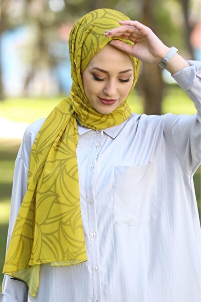 Stella Leaf Patterned Chiffon Shawl Model Mustard Color