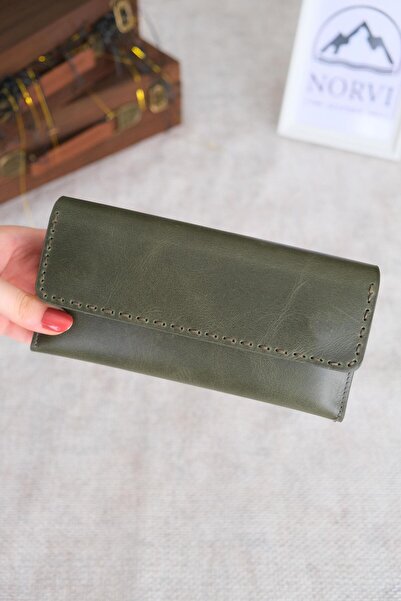 Norvi Leather Saraciye Stitched Genuine Leather Wallet with Phone Compartment Khaki Green 1052