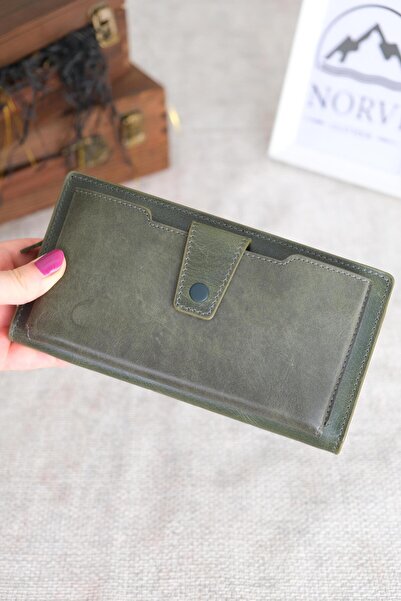 Norvi Leather Genuine Leather Zippered Wallet with Phone Compartment Green 1163