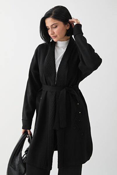 InStyle Black Knitwear Jacket with Patterned Embroidery on the Collar