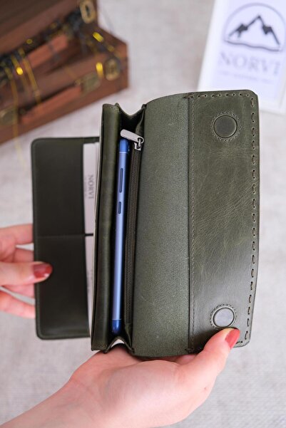 Norvi Leather Saraciye Stitched Genuine Leather Wallet with Phone Compartment Khaki Green 1052