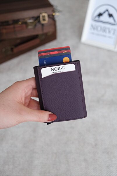 Norvi Leather Mechanism Automatic Genuine Leather Card Holder Purple 1041