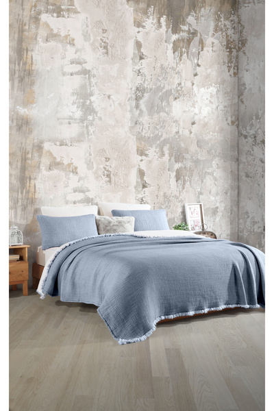 destinyhometex Indigo 6 Layer Muslin Double 220x240 Quilt/2 Pieces 50x70cm Pillow Case 6 Layer Multi Muslin