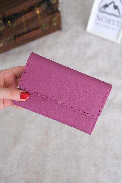 Norvi Leather Saraciye Dikişli Çok Bölmeli Hakiki Deri Cüzdan Kadın Pembe 1065