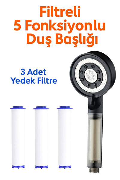 KUSTAR Filtreli 5 Fonksiyonlu Duş Başlığı + 3 Yedek Filtre – Su Tasarruflu, Basınçlı, Kireç Önleyici, SPA