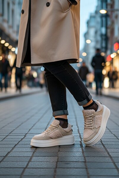 MUGGO Fleecy Thick Sole Lace-Up Plush Detailed Women's Winter Sneaker Sports Shoes