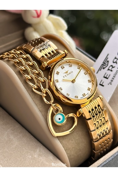 FERRO Marka Çelik Zincir Kordon Sarı Renk Küçük Mini Kasa Kadın Kol saati + Nazar Boncuklu Bileklik