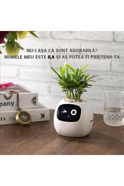 ILA PRODUCT Ghiveci smart pentru plante, animatii si senzori tactili, elegant, portabil, alb