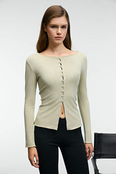 GRIMELANGE SILLARIE Γυναικεία μακρυμάνικη ελαστική μπλούζα με κουμπιά από ύφα...