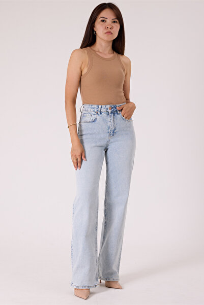 cracpot Kadın Mavi Yüksek Bel Düz Paça Straight Leg Comfort Taş Yıkamalı Jean...