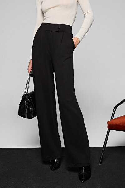 GRIMELANGE Phaliera Women's Stretchy Fabric Comfortable Fit Velcro Closure Palazzo Black Trousers