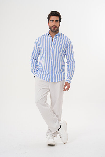 Catto Peak Cămașă pentru bărbați, 100% bumbac, cu croială obișnuită, cu broderie, cu dungi