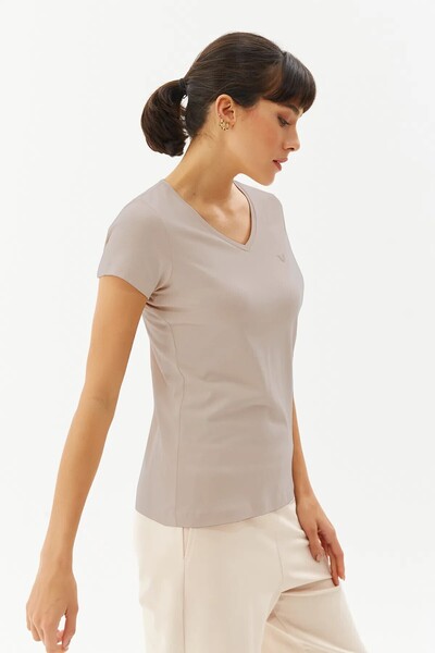 bilcee Women's Beige V-Neck Short Sleeve 100% Cotton Basic Solid Color Short Sleeve Daily Sports T-Shirt 8087