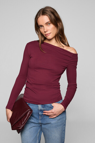 GRIMELANGE Sissi Women's Organic Cotton Asymmetrical Collar Lycra Stretch Fabric Burgundy Blouse