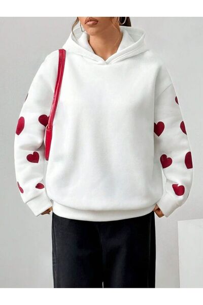 Vieoletta Tekstil Φούτερ Ecru oversized Casual Printed Off Shoulder με μακριά μανίκια με κουκούλα