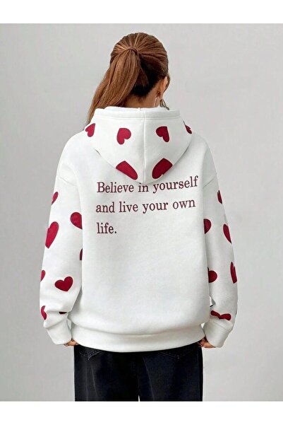 Vieoletta Tekstil Φούτερ Ecru oversized Casual Printed Off Shoulder με μακριά μανίκια με κουκούλα