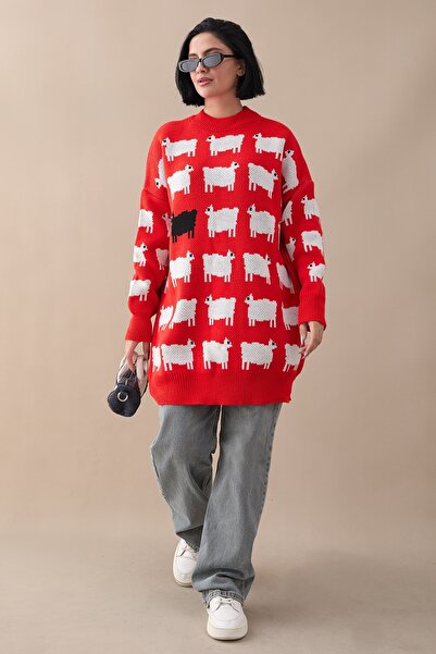 InStyle Kuzu Desen Triko Kazak - Kırmızı
