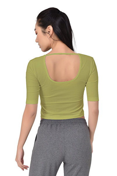 bilcee Ανοιχτό πράσινο γυναικείο μπλουζάκι με λαιμόκοψη V με λεπτομέρεια μισό μανίκι βαμβακερό αθλητικό μπλουζάκι γιόγκα 8105