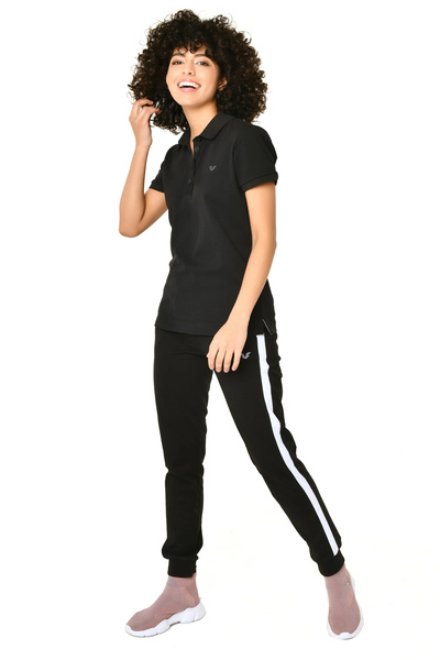 bilcee Tricou din bumbac cu mânecă scurtă, cu guler polo, negru, cu nasturi 8719