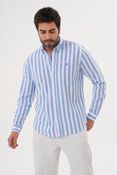 Catto Peak Cămașă pentru bărbați, 100% bumbac, cu croială obișnuită, cu broderie, cu dungi