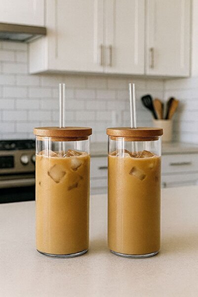 Noah Exclusive 400 Cc Borosilicate Cold Coffee and Soft Drink Glass with Bamboo Lid and Straw (2 Pieces)