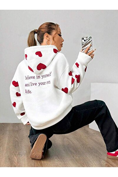 Vieoletta Tekstil Φούτερ Ecru oversized Casual Printed Off Shoulder με μακριά μανίκια με κουκούλα