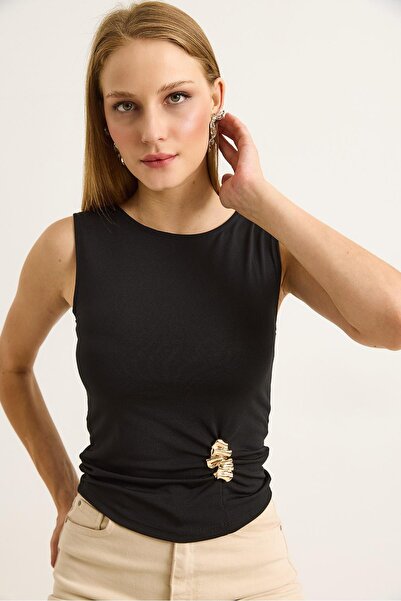 Raneel Kazançlı Alışveriş Crew Neck Women's Blouse with Accessory Detail Black