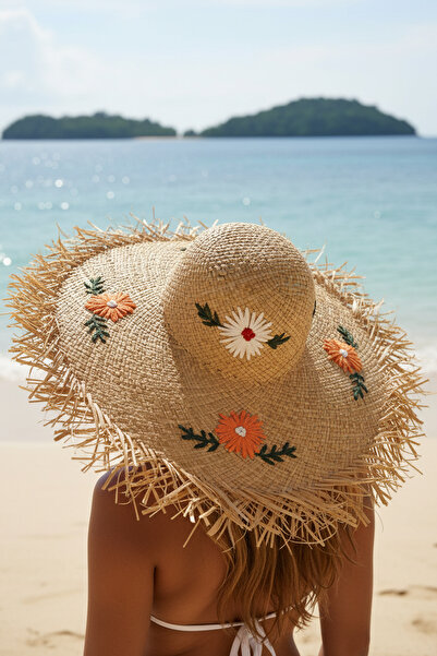 FASHION COCKTAIL Floral Embroidered Edges Tasseled Natural Summer Sunshade St...